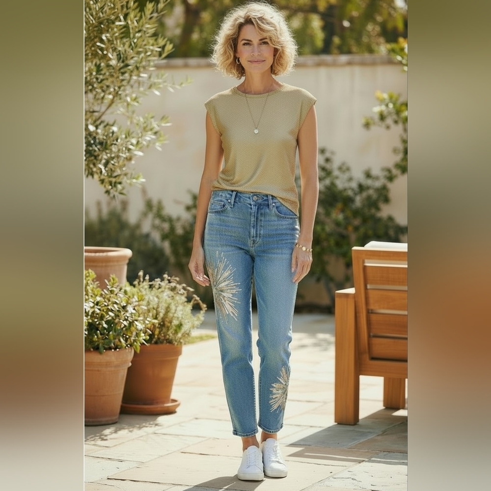 Chico's Jeans with Starbursts Gold  Sequin Embellishments